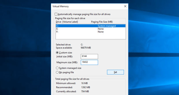 Windows 10 virtual memory